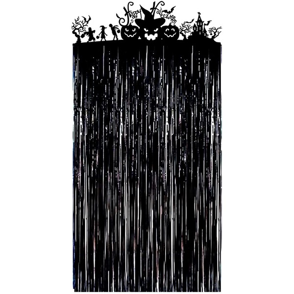 VEYLIN Black Halloween Door Curtains, Shiny Tinsel Backdrop Curtain with Spooky Pumpkin Decoration for Halloween Party (3.3 x6.6 feet)