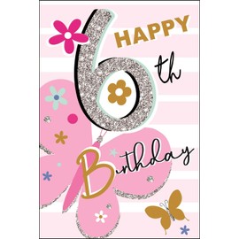 Jonny Javelin Girls 6th Birthday Card - Age 6 - Butterflies and Flowers with Flitter and Foil Details