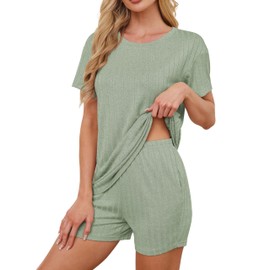 TIANZHU Women’s Summer Pajamas 2 Piece Set Short Sleeve Top and Shorts Lightweight Loungewear for Women, Grey Green, S