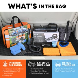 VCANENERGY Car Cleaning kit, Car Interior Detailing kit with 10000pa Car Vacuum Cleaner, Wheel Brush, Windshield Cleaner Tool, Microfiber Towel, Wash Mitt, Interior and Exterior Car Wash kit with Bag