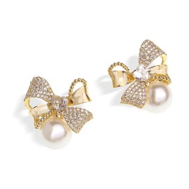 JeanBeau Gold Pearl Bow Stud Earrings for Women Teen, Statement Sparkly Cubic Zirconia Rhinestone Ribbon Earrings Cartilage Hypoallergenic Holiday Prom Wedding Fashion Jewelry
