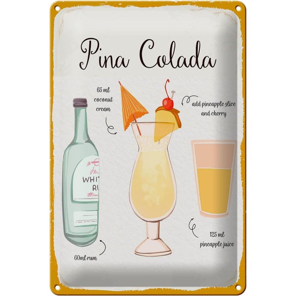 Blechschild 30 x 20 cm Pina Colada Cocktail Recipe -