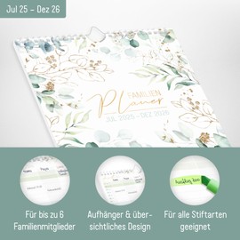 Häfft® Family Calendar 2025/2026 with 6 Columns "Gold Leaf" Compact Wall Calendar for 18 Months Jul 25 to Dec 26 - Family Planner Wall Planner 22.5 x 32.4 cm - Sustainable & Climate Friendly