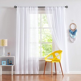 Treatmentex Snow White Sheer Curtains 95" Bedroom Decorative Pompom Trimmed Voile Window Curtain for Living Room Linen Look 2 Panels