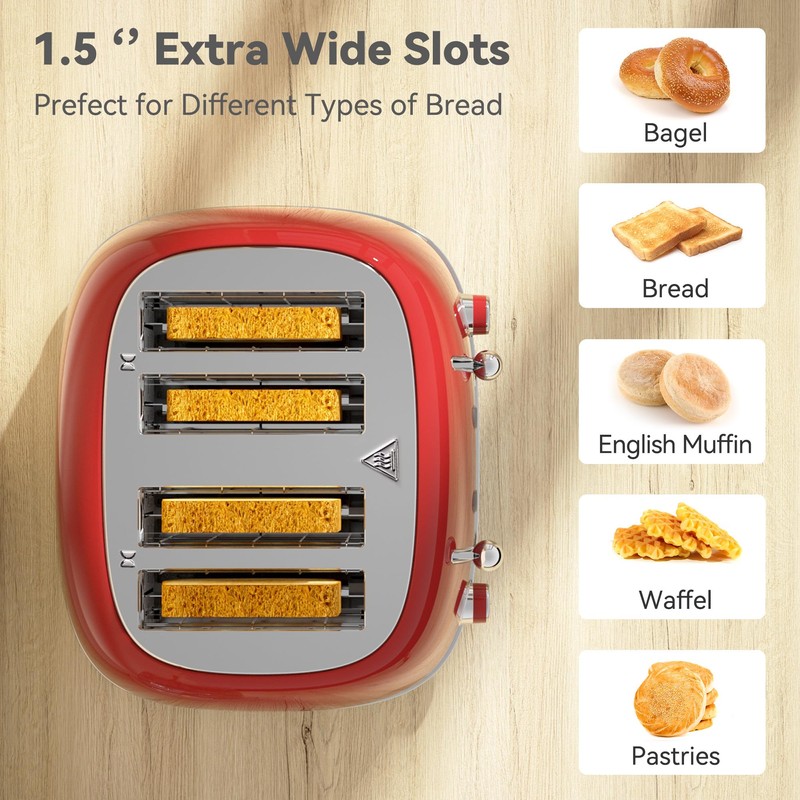 Toaster 4 Slice, Retro Stainless with 6 Bread Shade Settings,1.5''Wide