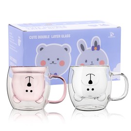 SHENDONG Cute Bear Cups Set of 2 Cute Cups Bear Tea Coffee Cup 8.5 oz Milk Cup for Personal Birthday, Valentine's Day and Office (White/Pink Bear Set of 2)