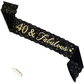 LATFZ 40 & Fabulous Lace Sash Black, 40th Party Favors Supplies and Decorations