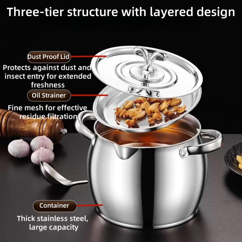 118oz Stainless Steel Jumbo Bacon Grease Container with Removable Strainer,