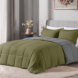 LOVTEX 2PCS Twin Size Comforter Sets - Ultra Soft Washed Microfiber Comforter Sets for Twin Size Bed - Reversible Down Alternative Comforter with 1 Pillow Sham(Olive/Charcoal)