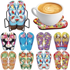 Pack of 8 DIY Diamond Art Coasters - Hawaiian Flip-Flop Designs with Tiki & Flamingo Motif, Tropical Craft Coasters for Adults & Beginners, Party Coasters