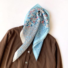 MEISEE - Pañuelo cuadrado pequeño de seda de morera para mujer, 21 x 21 pulgadas, transpirable, ligero, pañuelo para la cabeza, Azul Flores, S