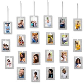 Queekay 48 Pieces Christmas Photo Ornament Frames 2 x 3 Inch Hanging Picture Xmas Gifts Glitter Mini Frames with Ribbon DIY Crafts Hanging on Christmas Trees Easter Wedding Decorations(Silver)