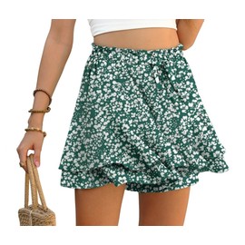 PrinStory Shorts Women's Summer High Waist Ruffle Shorts Leisure Wide Leg Loose Trouser Skirt Short Beach Holiday, Green White Flower, XL