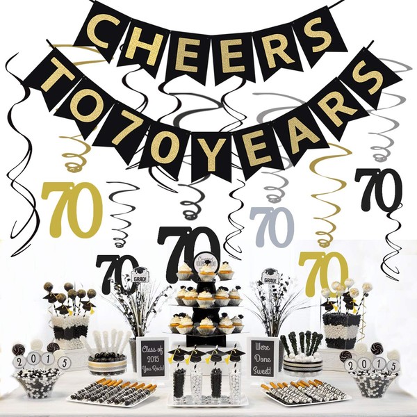JeVenis 70th Birthday Party Decorations Cheers to 70 Years Banner 70 Hanging Swirls 70 Years Old Party Supplies 70th Anniversary Decorations