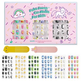 144Pcs Kids Press on Nails Children Girls Press on Short Artificial Fake Nails No fading Stable Quick Stick on Cute Pre Glue Full Cover Acrylic Nail Tip Kit Gift Kids Nail Decoration (Kitty Cat)