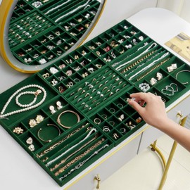 SPAKOWN Jewelry Drawer Organizer Inserts Set of 9, Jewelry Trays for Drawers Velvet Jewelry Organizer Tray Drawer Jewelry Organizers and Storage for Earring Ring Necklace Watch Bracelet (Green)