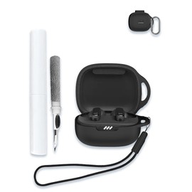 Case for JBL Live Pro 2 Wireless Noise Canceling Earbuds, Soft Silicone Protective Portable Scratch Shock Resistant Shell with Cleaner Kit & Carabiner & Lanyard，Black