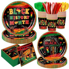 JVORFDG 168pcs Black History Month Party Supplies Paper Plates Napkins Disposable Tableware Set African American Black Month Disposable Cups for Juneteenth Freedom Day Party Supplies Serve 24