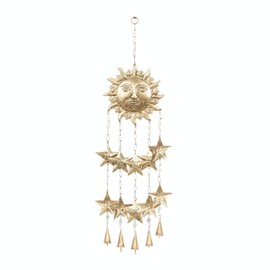 Deco 79 Metal Sun and Star Indoor Outdoor Windchime with Glass Beads and Cone Bells, 14" x 1" x 35", Gold