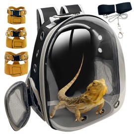 PINVNBY Bearded Dragon Carrier Backpack with Harness and Leash Set Large Reptile Travel Carrier Portable Lizard Backpack Clear Bubble Window Small Animal Carrying Bag for Gecko Kitten Rabbit (Black)