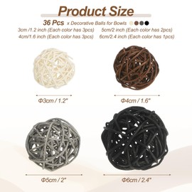 PATIKIL Wicker Rattan Balls, 36 Pcs Decorative Balls for Centerpiece Bowls Home Decor 4 Sizes(White/Black/Deep Brown/Gray, 2.4",2",1.6",1.2")
