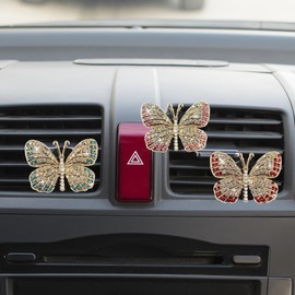 3PCS Bling Butterfly Car Dashboard Air Vent Trim Clips, Crystal Rhinestone Car Diffuser Air Conditioner Outlet Clip, Air Freshener Vent Clip Car Interior Decoration Clip for Women (Red/Blue/Pink)