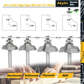 Akylin 4Pcs Table Edge Ogee Bits Set,1/4" Shank,Ogee Fillet Bits with Step,Cutting Depth 5/16", 7/16",1/2",1/2",Double Roman Ogee Edging Cutter for Wood Table,Drawer Fronts Profiling,Routing,Molding