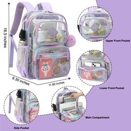 Lroiutian Heavy Duty Clear Backpack for Girls Women Transparent School Bookbag Kids Durable PVC See Through Backpack-Light Purple
