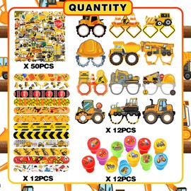 Construction Birthday Decorations,Construction Party Supplies 12 Stamps,12 Slap Bracelets,12 Glasses,50 Stickers Classroom Rewards Prizes,Goody Bag Treat Bag Stuff for Construction Party Favors