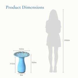 LuxenHome 20 Inch Ceramic Bird Bath for Outside, Elegant Concrete Tall Outdoor Bird Bath, Lightweight Pedestal Glazed Birdbaths for Outdoors with Leaf Pattern, Sky Blue