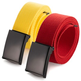 Mile High Life Cut To Fit Canvas Web Belt Size Up to 52" with Flip-Top Solid Black Military Buckle (2 Pack Yellow/Red)