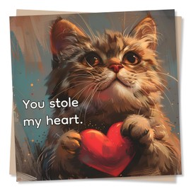 Adorable Cat Love Heart Birthday Card, Anniversary Card or Valentines Day Card For Partner - You Stole My Heart - Card For Husband, Wife, Boyfriend, Girlfriend