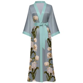 MEDUOLA Women's Summer Kimono Printed Satin Silk Long Elegant Nightdress, Blue flowers