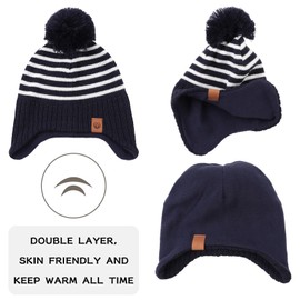 PEECABE Toddler Winter Hat Boys Girls Striped Knitted Beanie Pompom Kids Cold Weather Hat Scarf Set 9M-8Y (A-Navy, M)