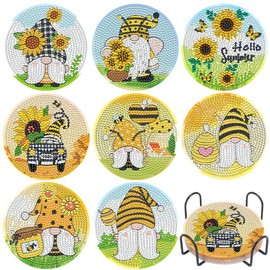 Diamond Painting Coasters with Holder, 8 Pcs Diamond Art Car Cup Coaster 5D DIY Diamond Sunflower Dwarf Art Coasters Kits Round Full Drill Diamond Art Craft Supplies for Adults Kids,Beginners