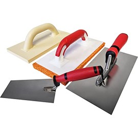 4-Piece Set with Cleaning Tools, Stainless Steel Smoothing Trowel with Soft Handle, Sponge Rubber Grating Board, Plastic Grating Board, Bernese Cleaning Trowel, Made in Germany