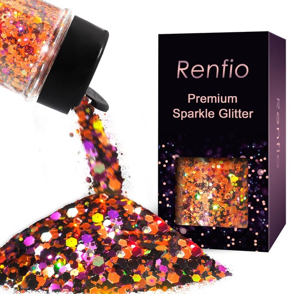 Renfio Holographic Glitter, Orange Purple Laser Black Mixed Chunky Glitter,