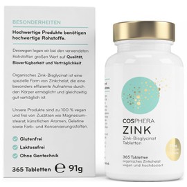 Zinc Tablets - High Dose with Brand Raw Material - 25 mg Zinc Bisglycinate per Tablet - 365 Vegan Tablets in 1 Year Supply - Highly Bioavailable Zinc Chelate for Hair, Skin and Nails by Cosphera