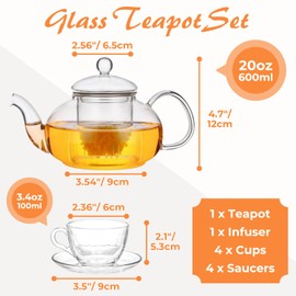 Glass Teapot Set with Removable Infuser, Atarvana 600ml Glass Tea Kettle with Loose Tea Infuser, 100ml Tea Cup & Saucer Set of 4, Elegant Blooming Tea Gift Set
