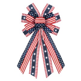 Hying Large 4th of July Patriotic Bows for Wreath, American Flag Wreath Bow Stars and Stripes Burlap Ribbon Memorial Day Front Door Bows for Patriotic Decoration Supplies