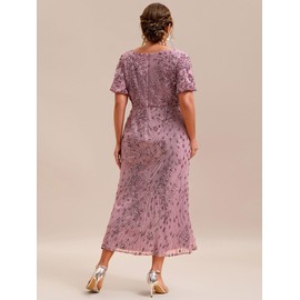 Ever-Pretty Plus Women's V Neck Short Sleeves Bodycon Sequin Maxi Plus Size Formal Dresses Orchid US20