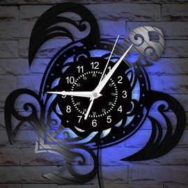 Timeglow Sea Turtle Wall Clock Glow in the Dark, 12 Inch 7 Kinds of LED Color Vinyl Record Wall Clock Silent Non Ticking, Vintage Decorative Turtle Night Light Wall Watch Clock for Living Room Bedroom