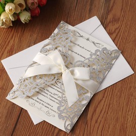 Hosmsua 20x Laser Cut Lace Flora Wedding Invitation Cards with Ribbon Bow and Envelopes for Bridal Shower Engagement Birthday Graduation Party 20pcs (Sliver Glitter)