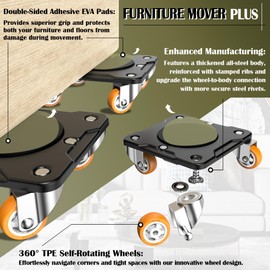 ONEON Furniture Mover Plus, Upgrated to Full Carbon Steel Panels Dolly, Reinforced Rib Design, Increased Weight Capacity, with Furniture Lifter, Easy Heavy Lifting