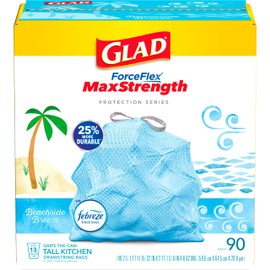 Glad Tall Kitchen Trash Bags 13 Gallon, MaxStrength Beachside Breeze Garbage Bags, Drawstring, 90 Count