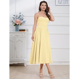 ABEHIK Corset Sundress for Women Bustier Lace Up Flowy Pleated Spaghetti Strap Casual Midi Dress Low Cut Summer Wedding Guest Cocktail Homecoming Party Dresses with Pockets Yellow S