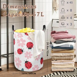 Cute Ladybug Laundry Hamper,Pink Flower Collapsible Laundry Basket with Handles Waterproof Storage Bin for Clothes Books Organizer Basket for Bedroom Bathroom Dormitories 16" x 20.8"