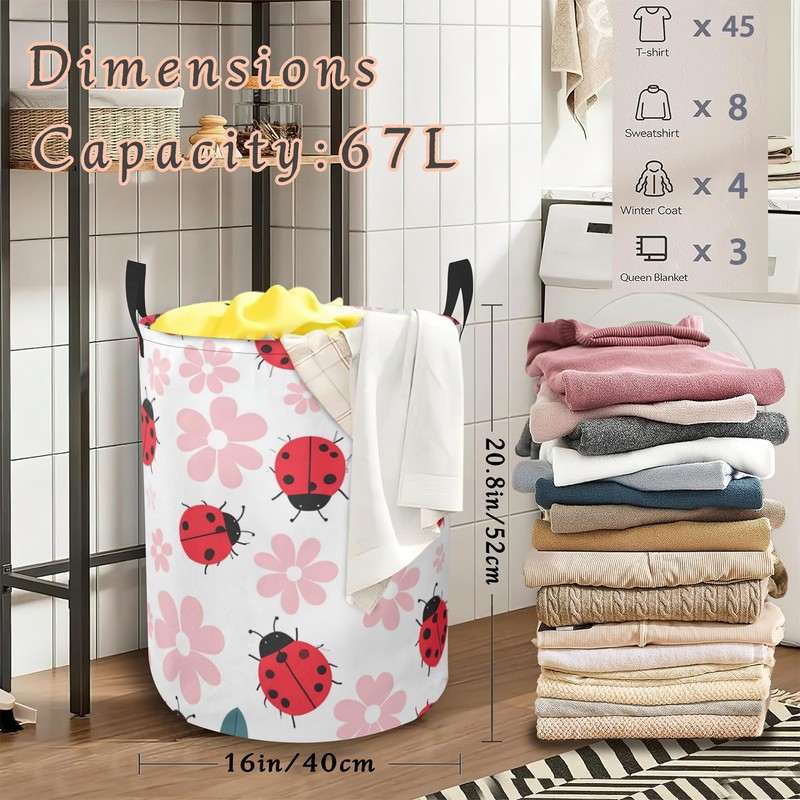 Cute Ladybug Laundry Hamper,Pink Flower Collapsible Laundry Basket with Handles