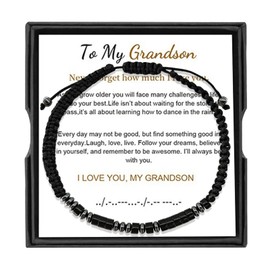 Morse Code Bracelet-To My Grandson, Christmas Gifts, Graduation Back to School Gift Birthday Gift for Grandson (Obsidian, To My Grandson)