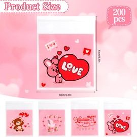 Valentines Cellophane Treat Bags, Self Adhesive Valentiens Gift Bags Cookie Bags, 200 PCS Clear Plastic Valetines Goodie Bags Candy Bags Ziplock Bags for Valentine's Day Holidays Party Favor Supplies